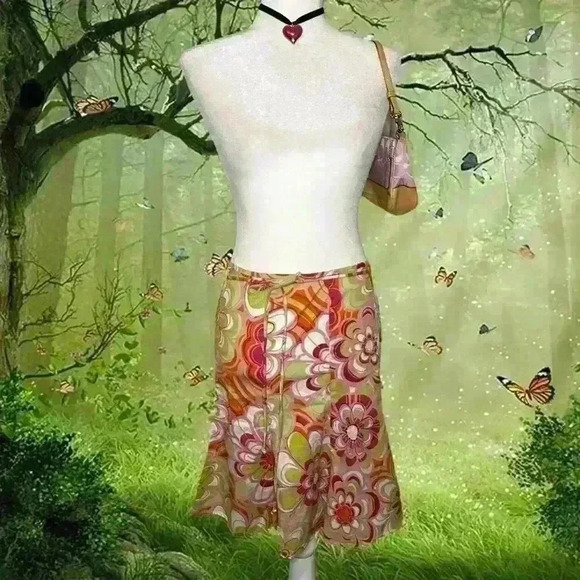 70s Abstract Pattern Flowy Multi-Colored MIDI Skirt By My Michelle Size 3 - Picture 1 of 9